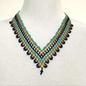 Bohemian Native Handcrafted Summer Beaded Necklace turquoise/gold/blue necklace.